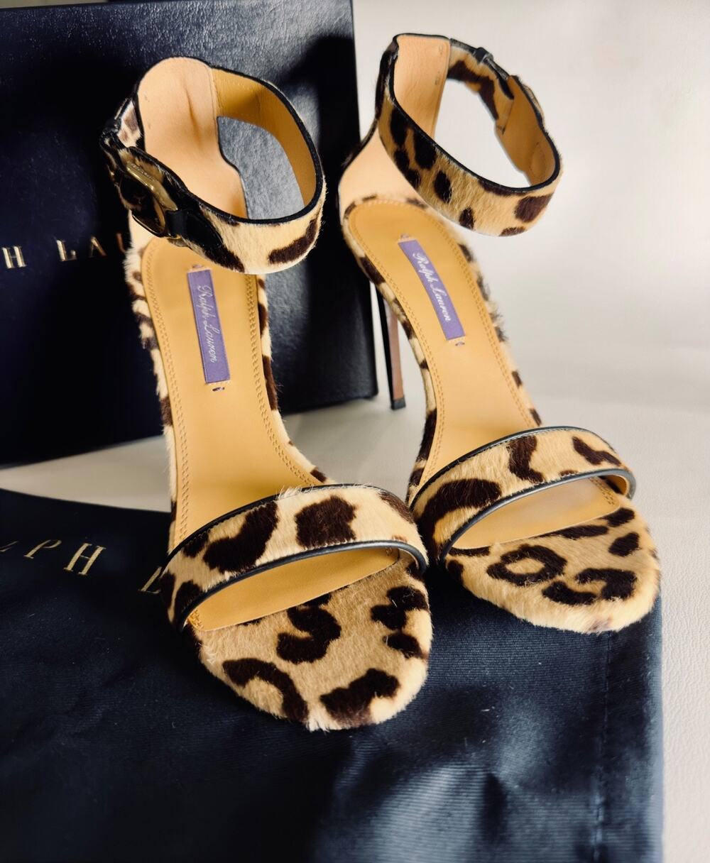 Ralph Lauren Collection Purple Label Colson Leopard Calf Hair Sandals 38.5